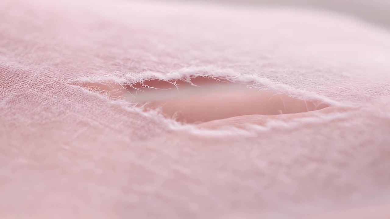 Primo piano di un buco in tessuto rosa