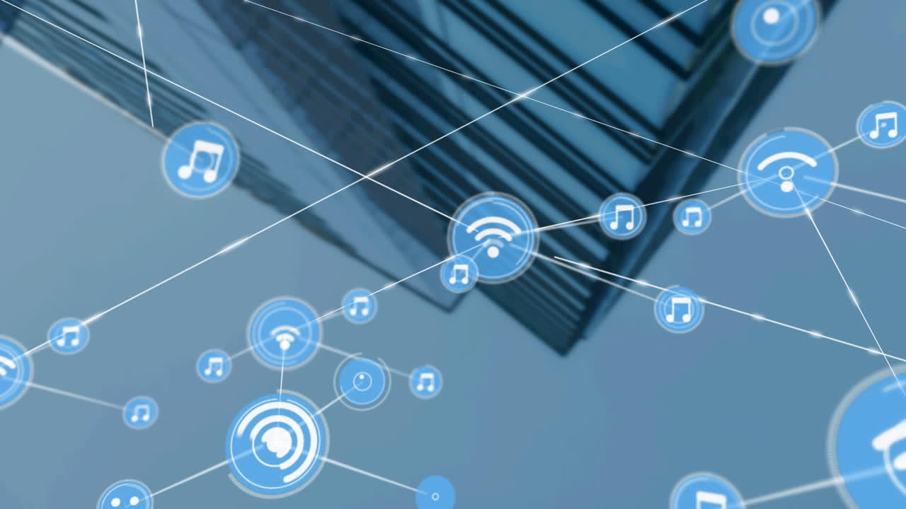 Animation of network of connections with icons over modern office building