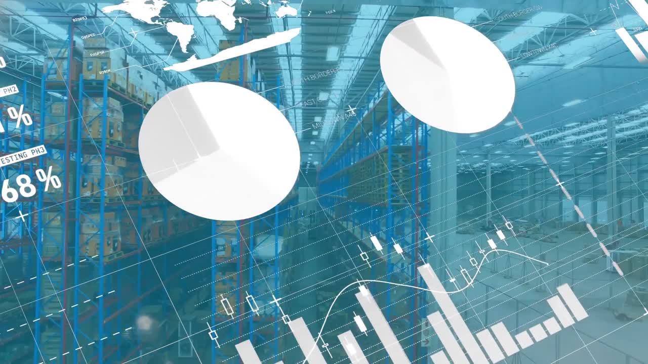 Animation of infographic interface over aerial view of warehouse
