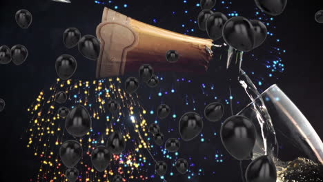 animation of fireworks and balloons over champagne pouring into glass on black background