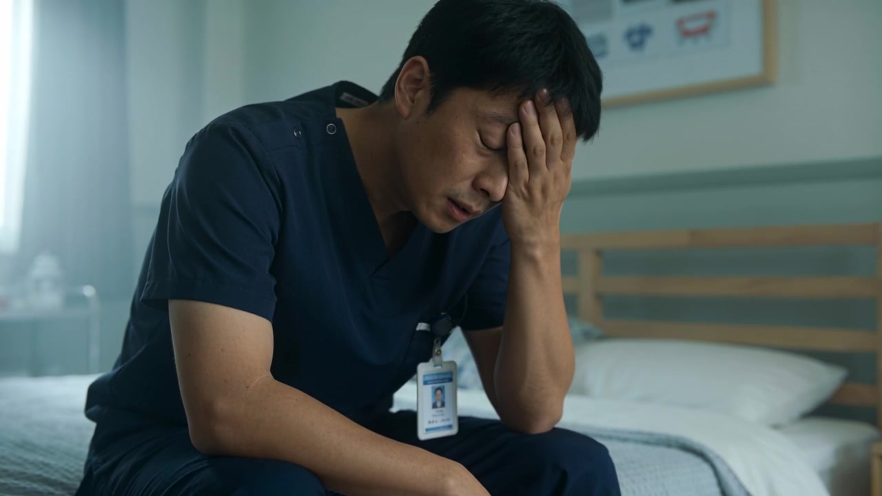 シフトを終えた臨床医が、小さな寝室で紺色のスクラブを着てIDバッジを付け、顔を覆いながら落ち着いている様子。
