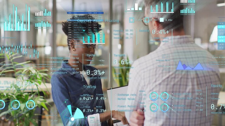 Animation of financial data processing over diverse business people in office