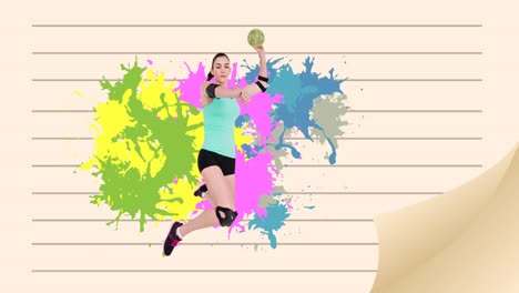 Animation-of-caucasian-female-handball-player-holding-ball-over-colorful-stains