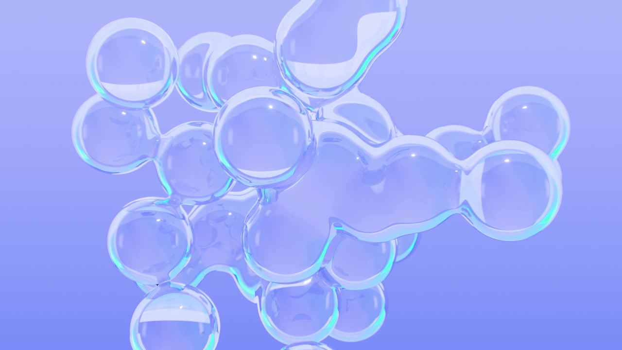 Bolle liquide 3D iridescenti astratte su sfondo sfumato blu