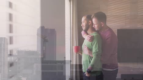 Animation-of-cityscape-over-diverse-male-couple-embracing