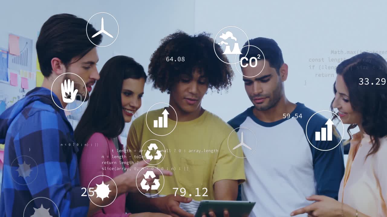 에코 아이콘과 데이터 프로세싱의 애니메이션 사무실에서 다양한 비즈니스 사람들을 통해