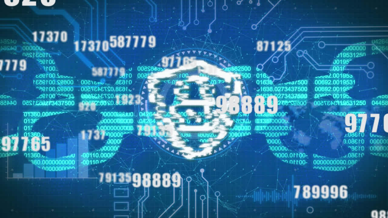 파란색 배경에 잠금과 함께 숫자, 블록체인 및 디지털 방패의 애니메이션