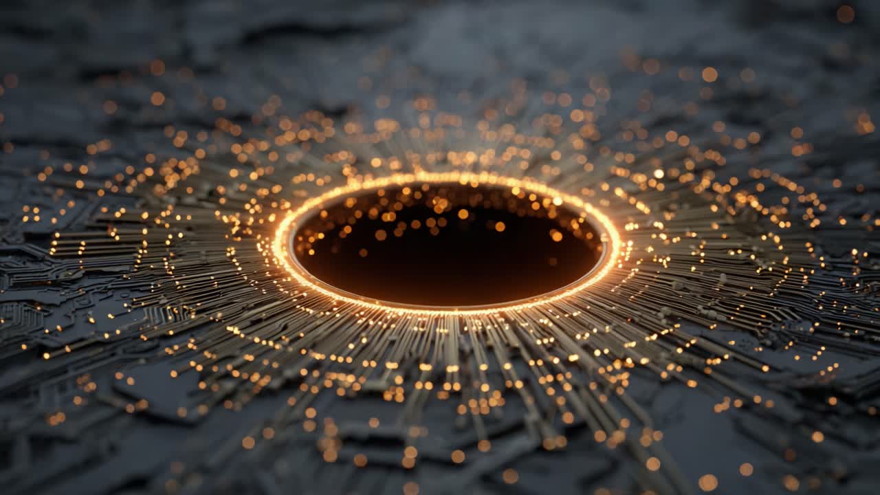 A Mesmerizing Circular Portal of Light and Energy with Glowing Particles Emanating from the Edges, Captured in a Detailed Macro Shot of a High-Tech Background