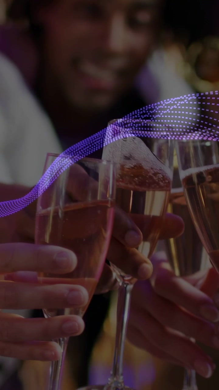 Vertical video: Friends raising first glass to start events toast, purple waveform sweeping flutes