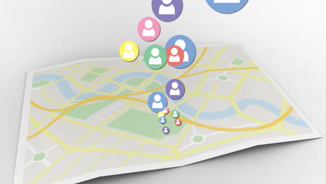 animación de múltiples iconos coloridos de personas de redes sociales digitales sobre el mapa