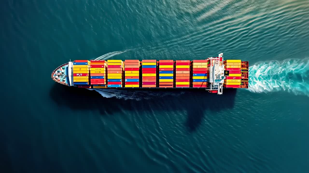 Aerial view of a colorful cargo ship navigating through deep blue waters, showcasing global trade