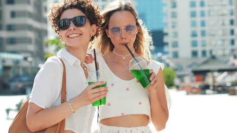 two friends enjoying drinks in the city