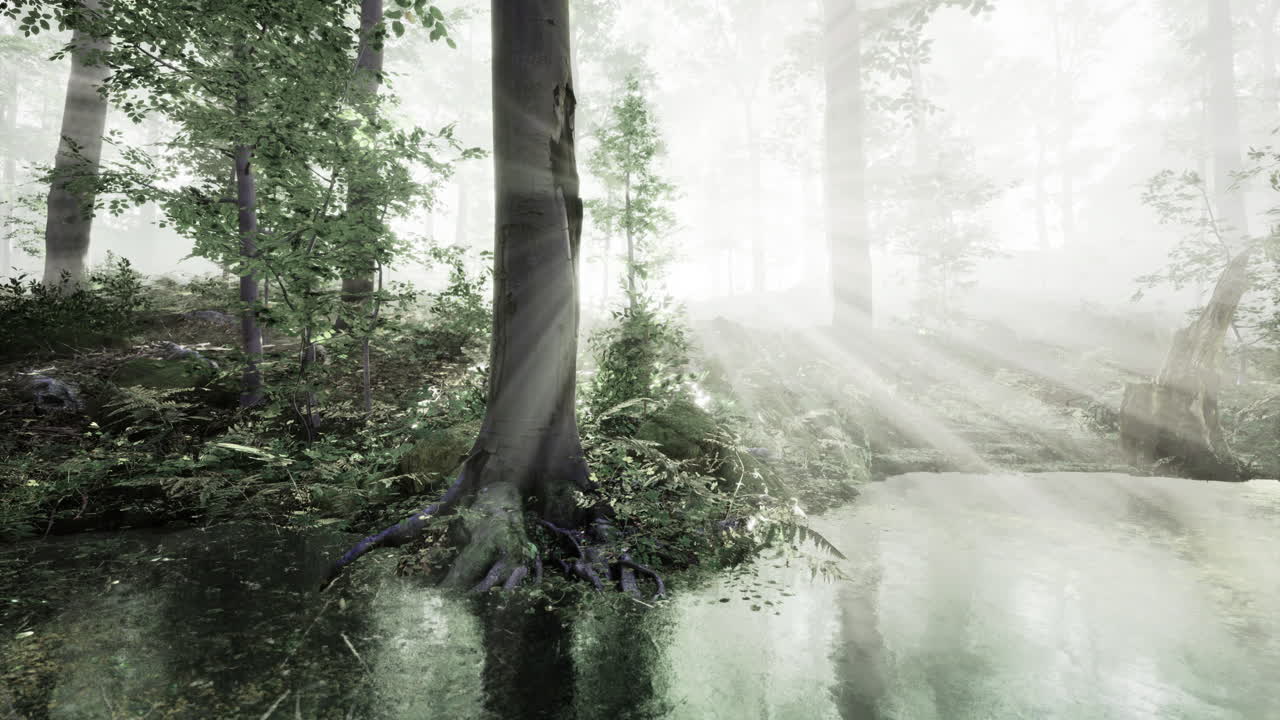Misty forest landscape with sunlight filtering through trees at dawn