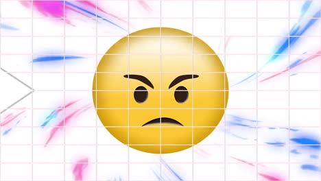 Arrow-moving-on-grid-network-over-angry-face-emoji-against-digital-waves-on-white-background