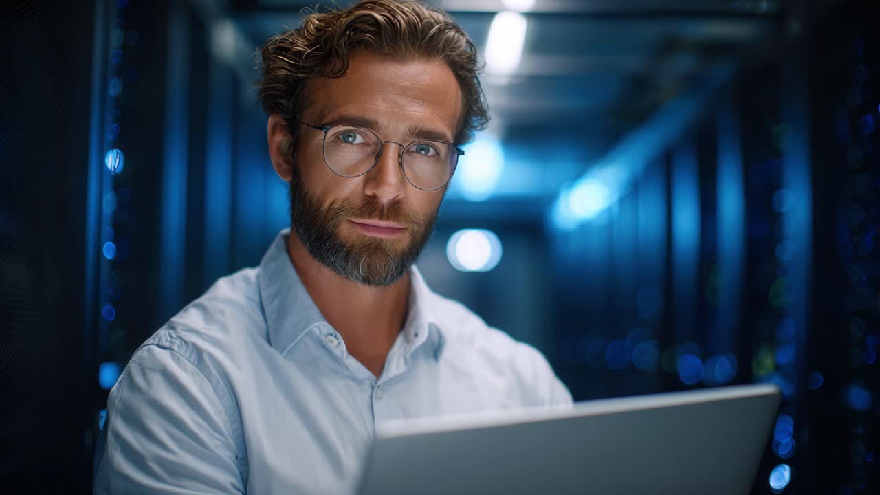 Focused Professional Working with Laptop in Data Center, Surrounded by Server Racks and Dynamic Blue Lighting, Showcasing Modern Technology in Action