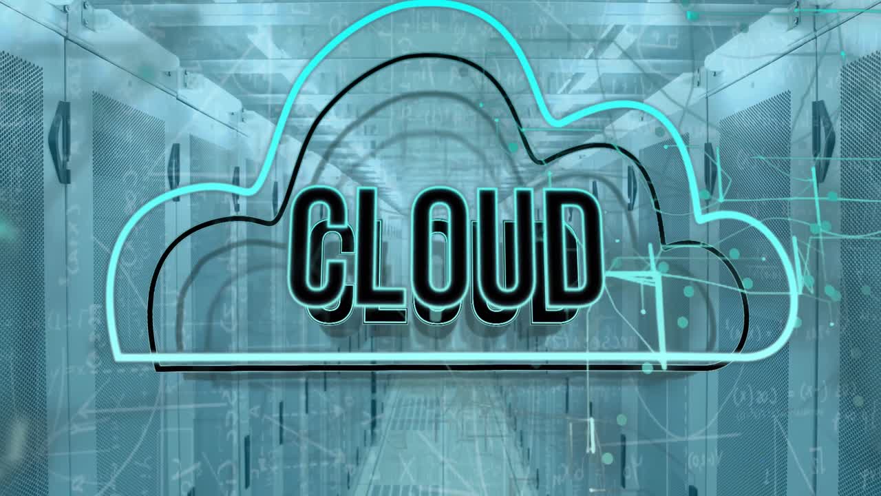 animación de texto en la nube, ecuaciones matemáticas y diagramas en la sala del servidor