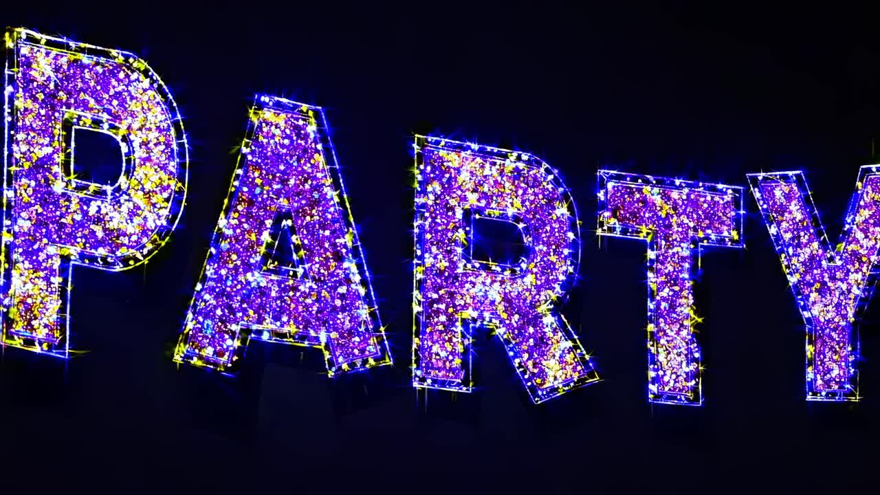 Large, glittering PARTY sign illuminating the night with vibrant colors and sparkling lights, creating an exciting and festive atmosphere perfect for celebrations and social gatherings
