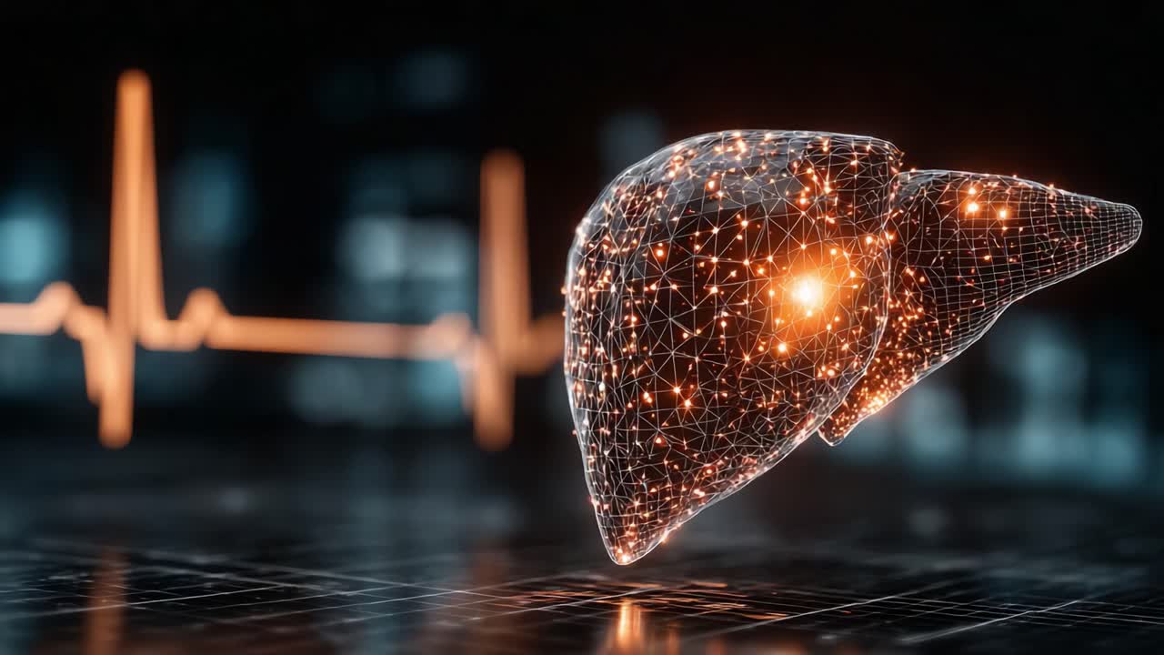A stunning depiction of a glowing, digital liver model floating above a background of interconnected data and heartbeat metrics, symbolizing advances in medical technology and healthcare