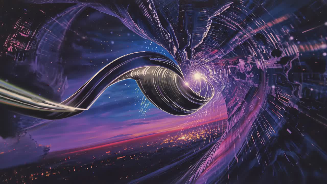 Spiraling glossy metallic ribbon advancing in CGI warp tunnel, reacting to brightening central glow