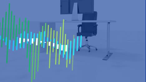 Animation-of-multicolored-multiple-graphs-over-unoccupied-chair-and-desktop-in-office