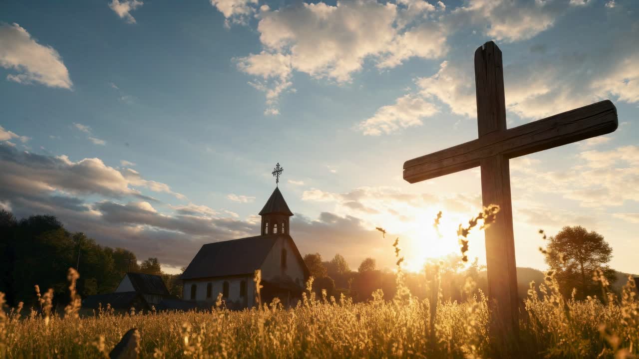 Una scena video serena all'alba, con una croce di legno in primo piano e una chiesa