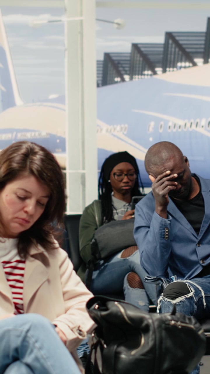 Vertical video Bored tourists in airport lounge wait for another plane after cancelled flight