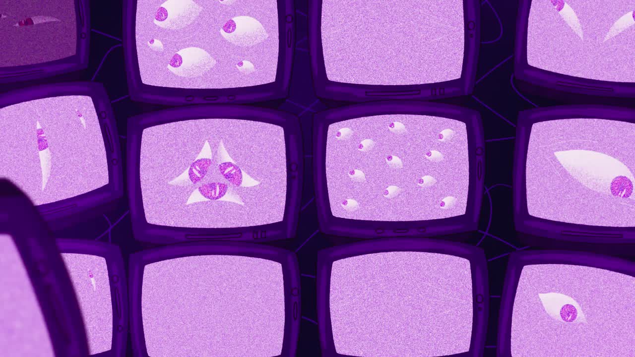 Gif 2D animation, perfect loop. Skeleton hands open a portal to a strange place with televisions, these turn on and we see eyes that look at you. Vector, illustration, flat style