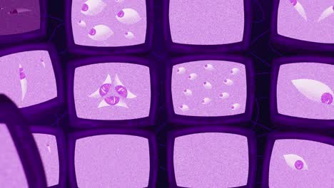 gif 2d animation, perfect loop. skeleton hands open a portal to a strange place with televisions, these turn on and we see eyes that look at you. vector, illustration, flat style