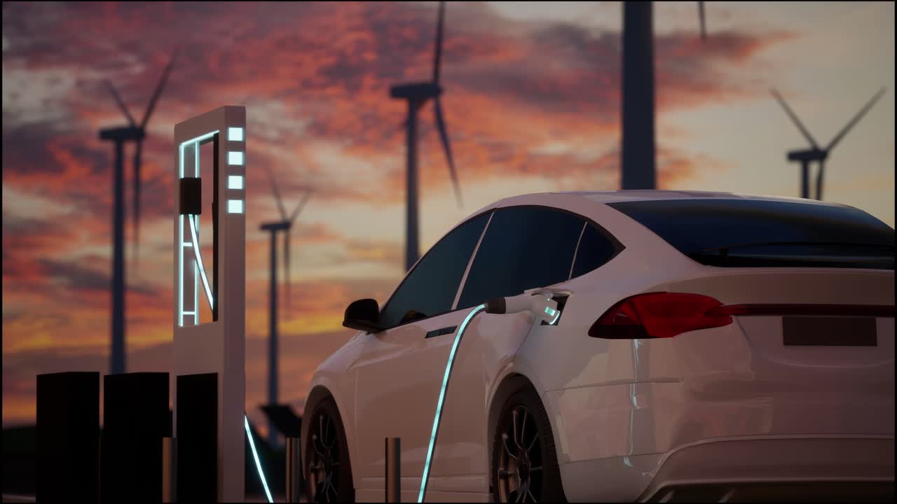 풍력 터빈을 배경으로 환경 친화적 인 전기 자동차 충전. 자동차에 플러그 된 포트와 함께 ev 스테이션의 저녁 해가 지는 모습. 대안 에너지 개념의 현실적인 3d 렌더링