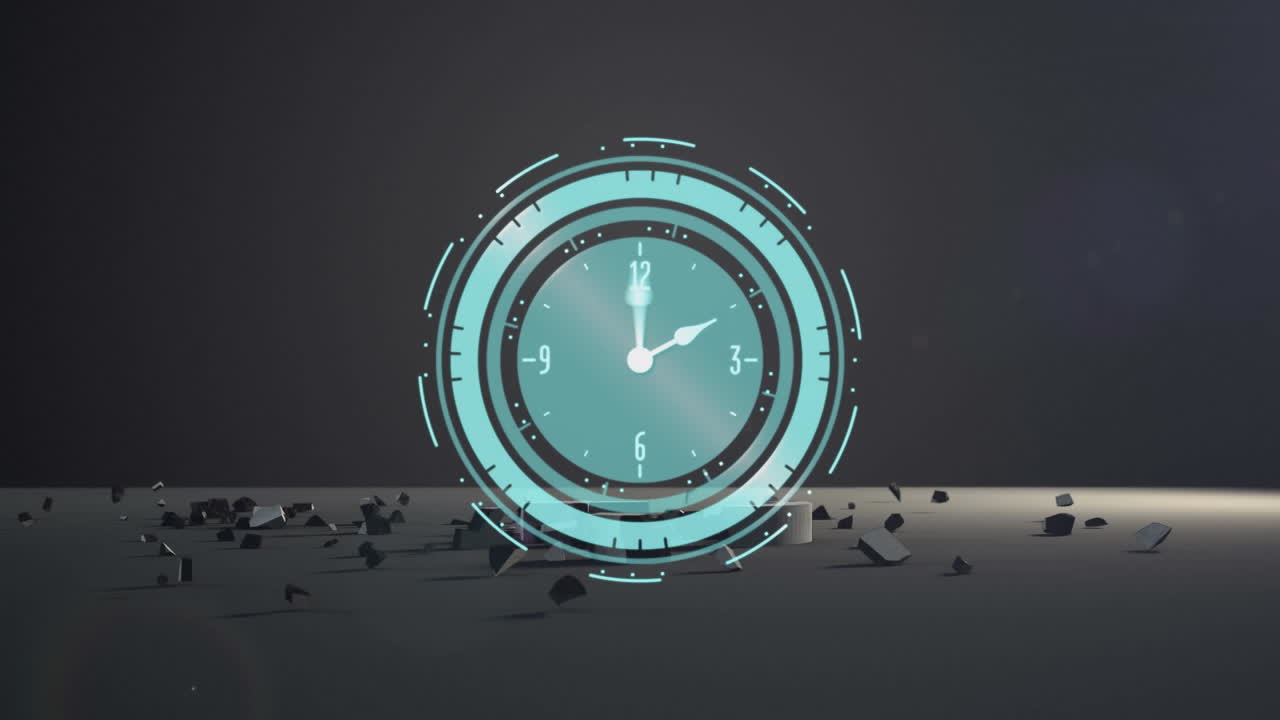 Neon digital clock ticking over euro currency symbol falling and breaking against grey background