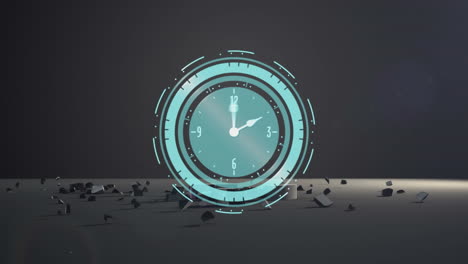 reloj digital de neón haciendo tic-tac sobre el símbolo de la moneda euro cayendo y rompiéndose contra un fondo gris