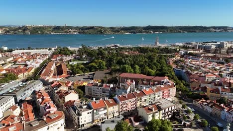 panoramic aerial view of lisbon's waterfront and historic cityscape
