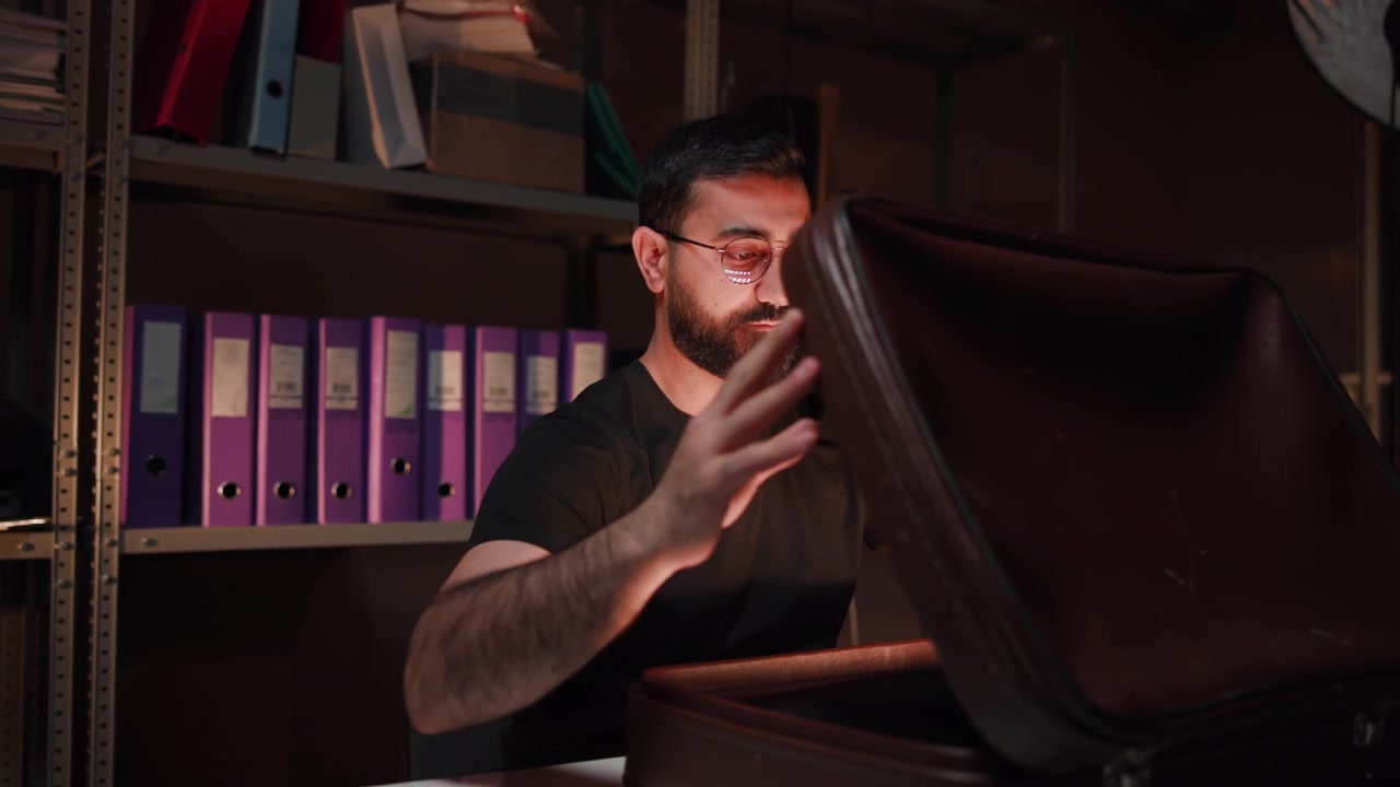 Hombre toca un instrumento de cuerda junto a estanterías de madera dentro de una tranquila sala de estudio de biblioteca, capturado desde una vista lateral con luz cálida, expresión seria, ambiente de aprendizaje y un fondo de rica textura.