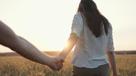 couple walking hand-in-hand in a wheat field at sunset