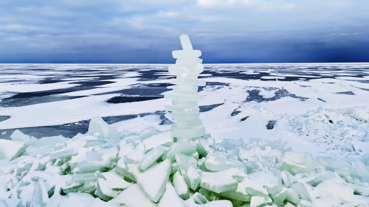 Drönarvy av en staplad isskulptur på krossad havsis, med en vidsträckt frusen horisont och dramatiska stormmoln som skapar en karg vinterlandskapsscen.
