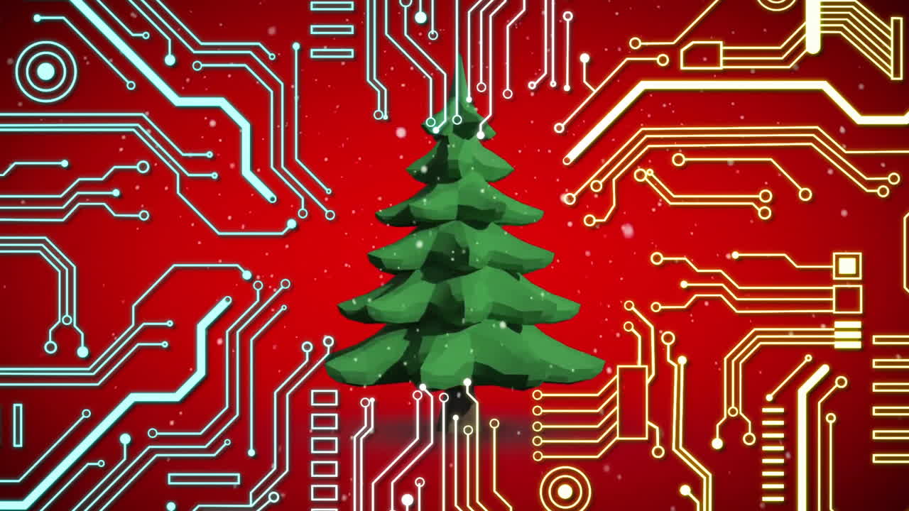 Animation of Christmas tree with digital circuit patterns on red background
