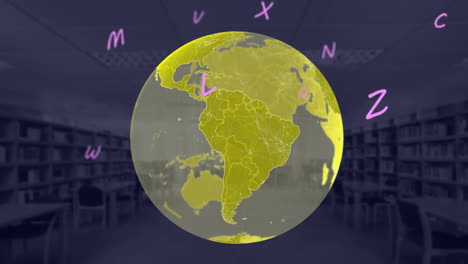 composición digital de alfabetos flotando sobre un globo giratorio contra la biblioteca de la escuela vacía