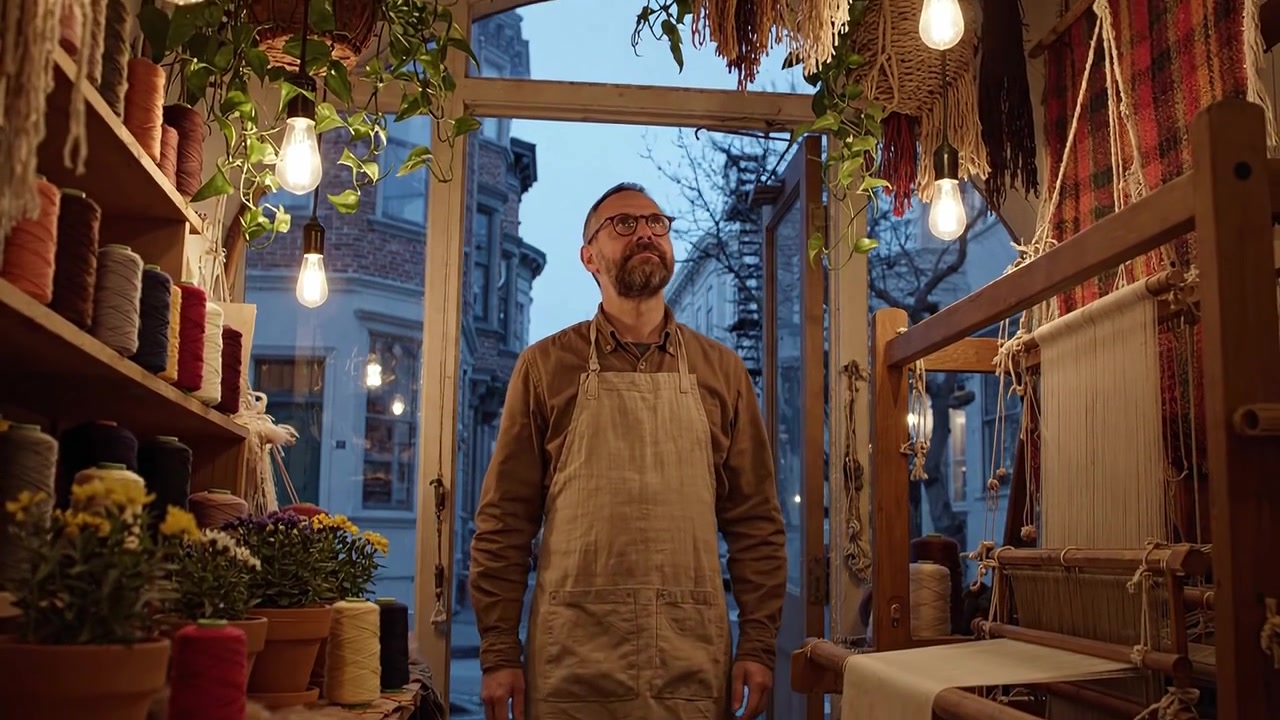 Artesano saliendo de su taller artesanal al anochecer, rodeado de hilos de colores, plantas e iluminación cálida, mostrando un ambiente acogedor de creatividad.