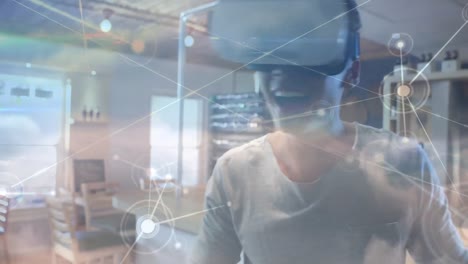 animación de la red de conexiones sobre mujer de negocios con auriculares vr