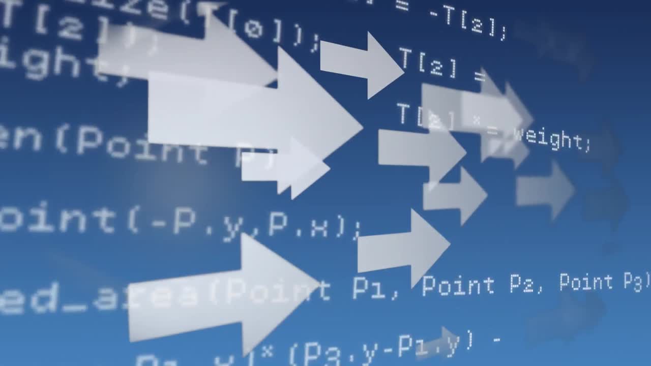 프로그램 코드와 함께 화면을 가로지르는 화살표