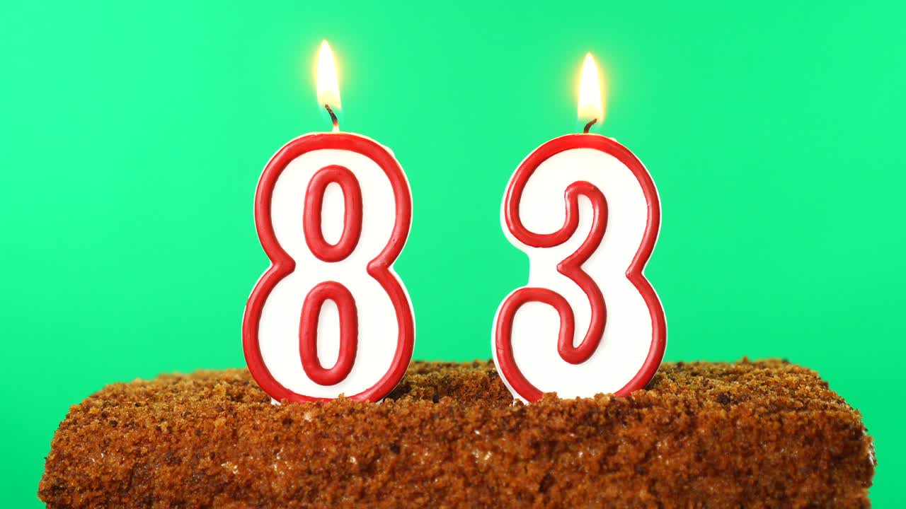 Cake with the number 83 lighted candle. Chroma key. Green Screen. Isolated