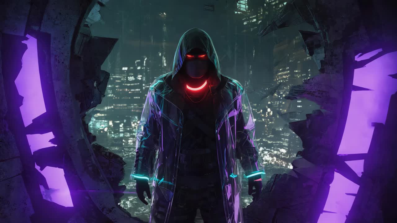 Cyberpunk Hooded Figure in Futuristic Cityscape