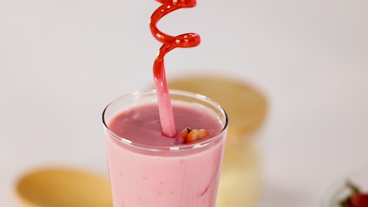 Hand stirs creamy strawberry smoothie in glass using red spiral straw, bright studio lighting