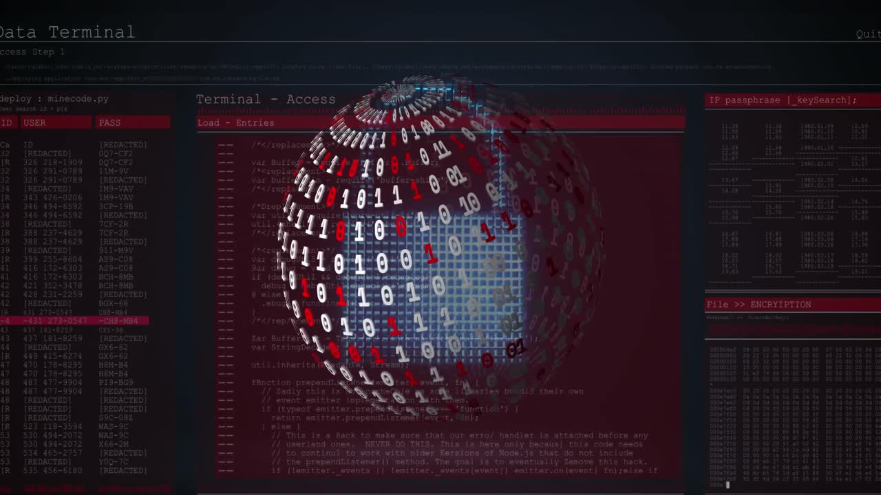 animación del globo con codificación binaria y procesamiento de datos financieros.