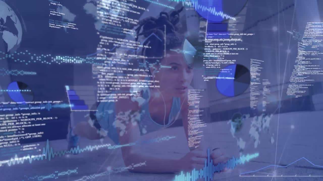 Animation of data processing over woman doing plank, exercising at home