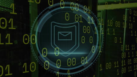Animation of cyber security text, binary data and mail security scan icon on interface screen