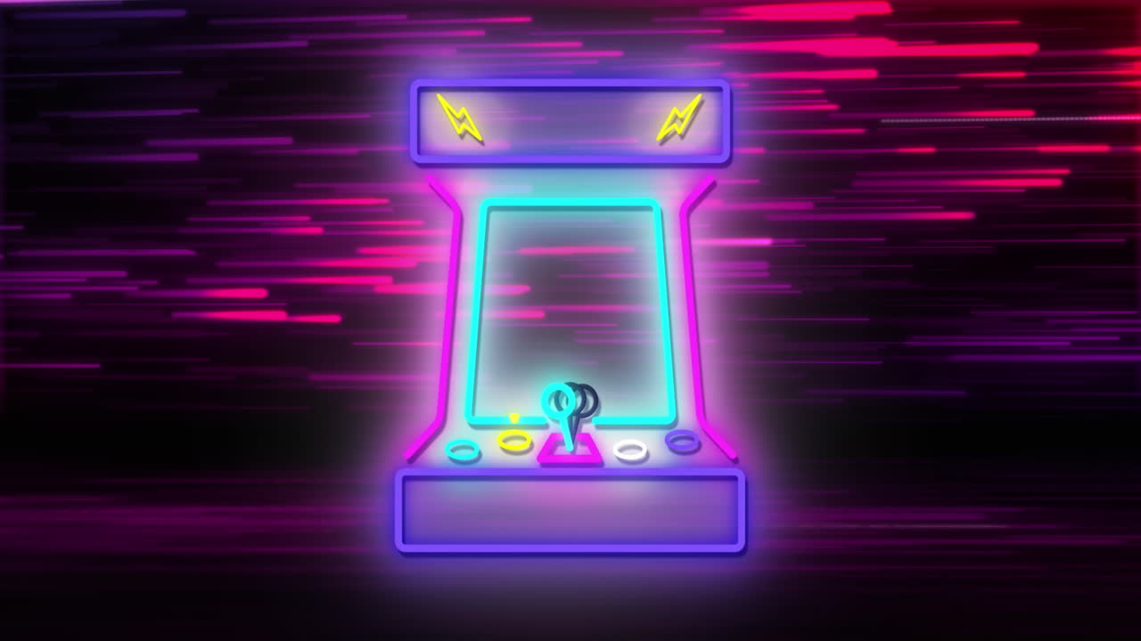 Animation of arcade machine icon text over light trails on black background