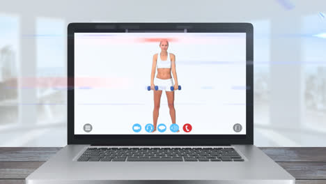 animación de una tablet que muestra a una mujer caucásica haciendo ejercicio. propagación del coronavirus