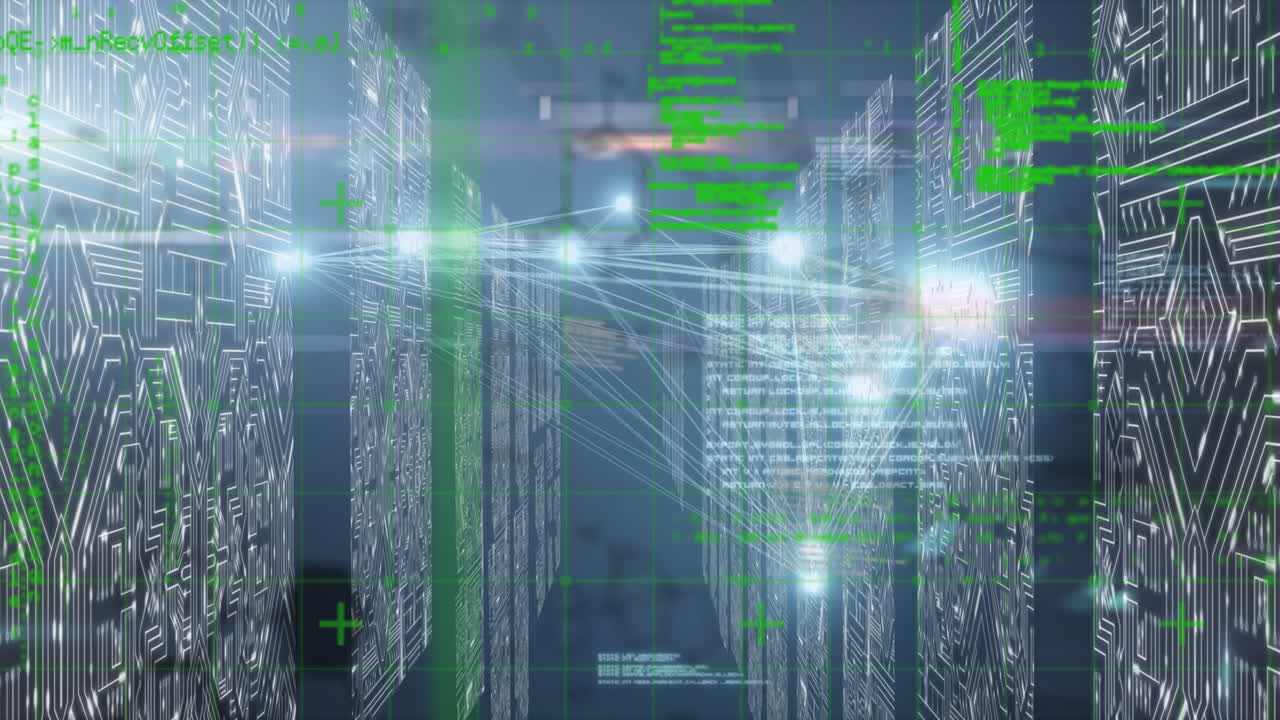Animation of network of connections and data processing over moving columns