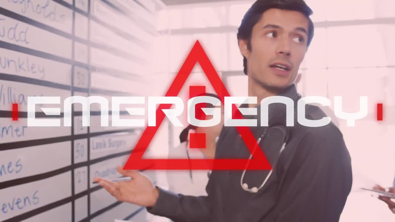 signo de atención con texto de virus contra las células de covid-19 que se mueven